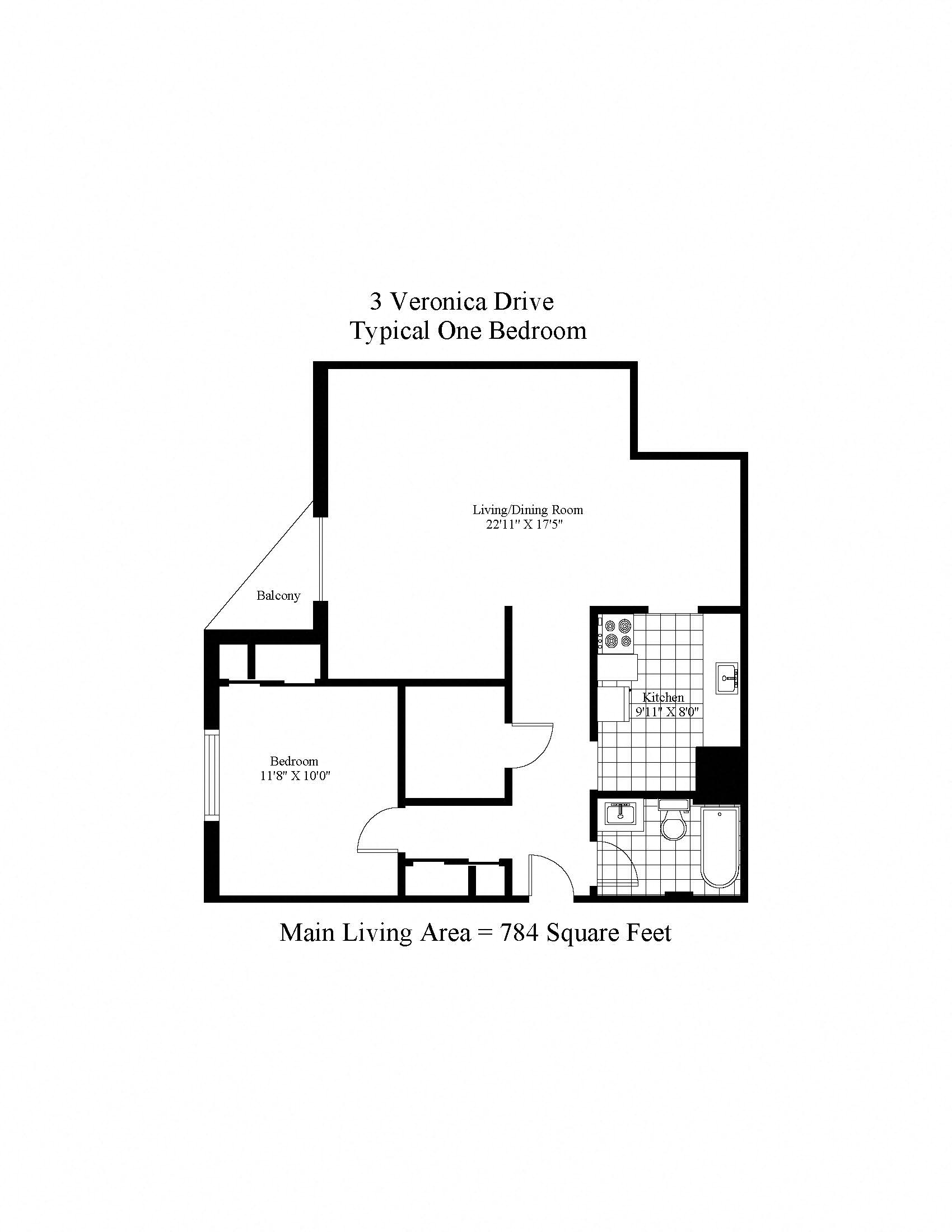 Floor plan for 1 bed, 1 bath, 784 sqft